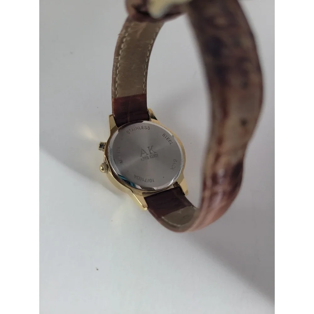 Vintage Anne Klein AK Instalite Quartz Watch Gold Tone‎ White Dial Brown Leather